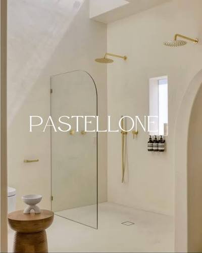 Pastellone floor finish in a bathroom with a walk-in shower
