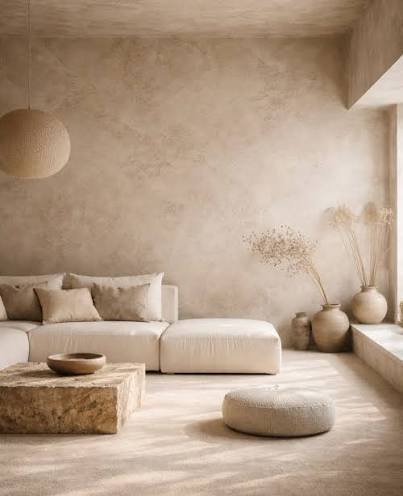 Lime & Clay Beige finish in a warm neutral boho living room with a jute pouf and dried florals